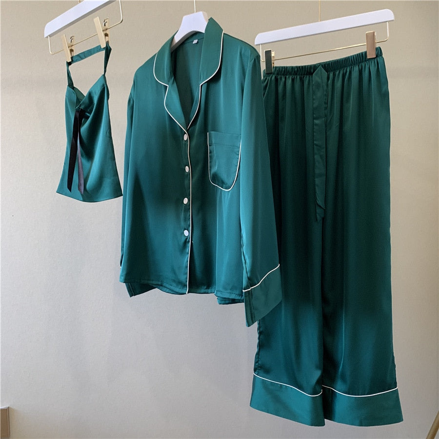Pure Color Woman Long Sleeve Stain Pajama Set Satin Soft Fashion Pajamas
