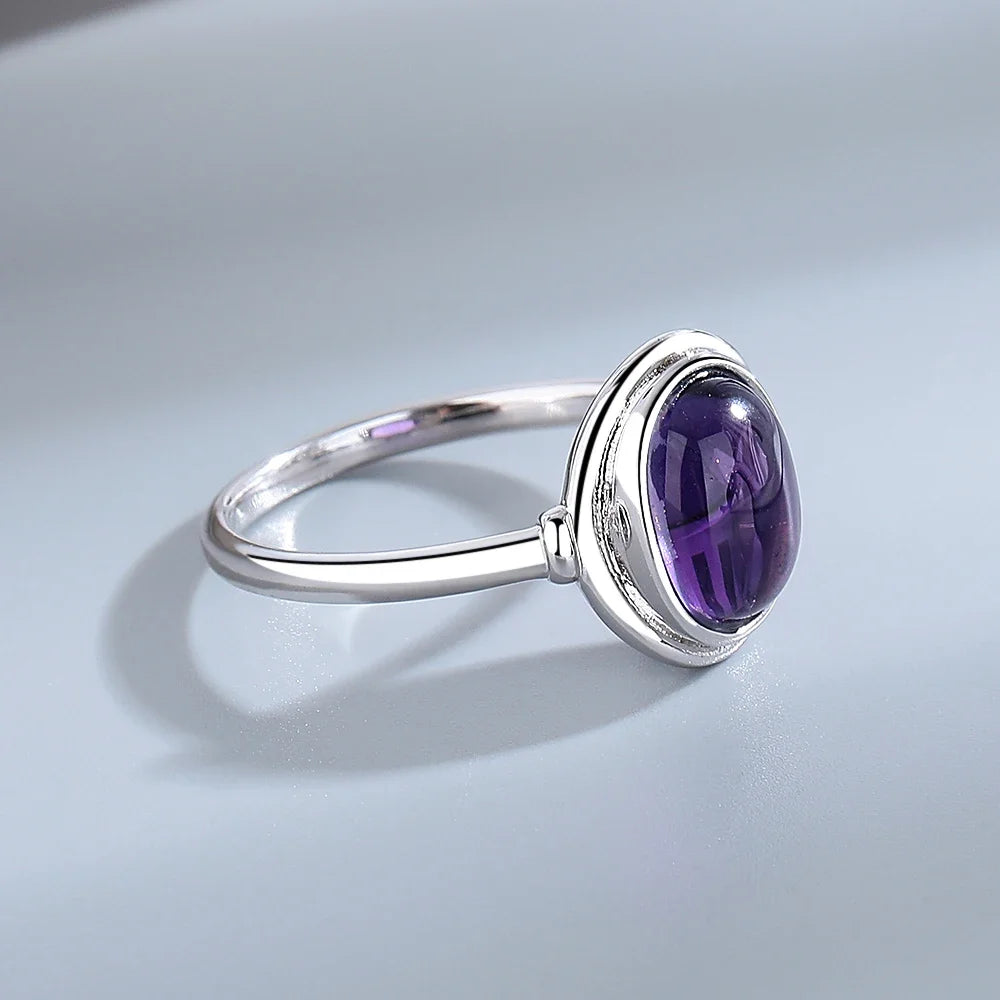 925 Sterling Silver Jewelry Ring 8*10MM Round Natural Moonstone Amethyst Agate Stone Vintage Ring For Women Party Gifts