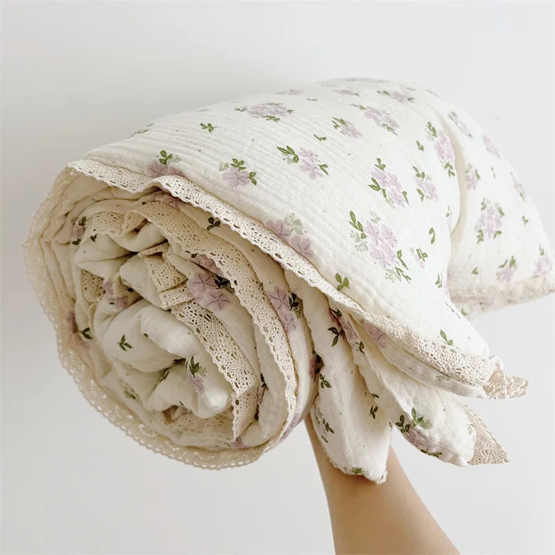 Baby Camellia Rose Print Muslin Blanket Quilt for Summer Infant Floral Muslin Comforter Napping Cover for Baby Bedding Quilts