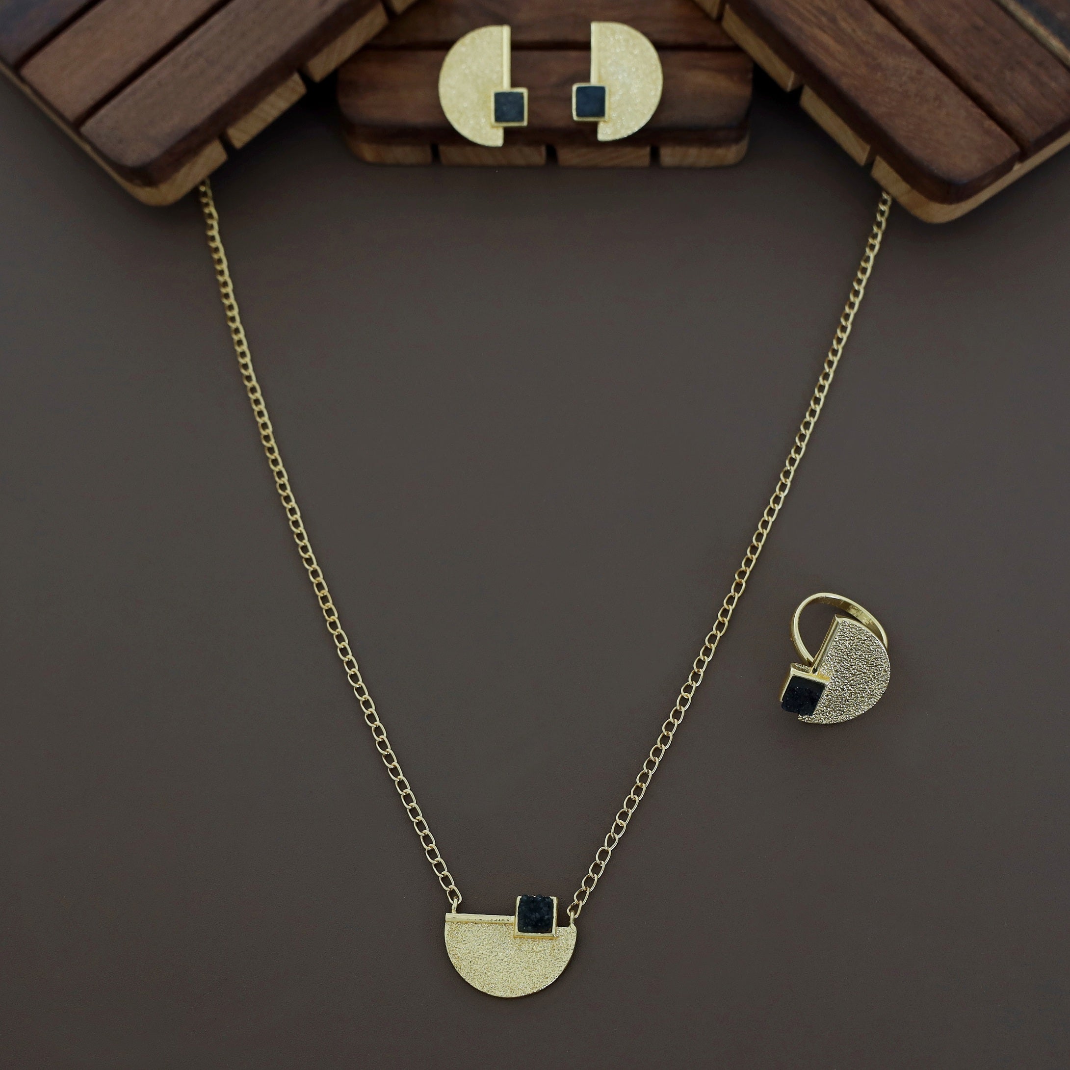 Golden Textured Semi Circle And Square Druzy Stone Combo