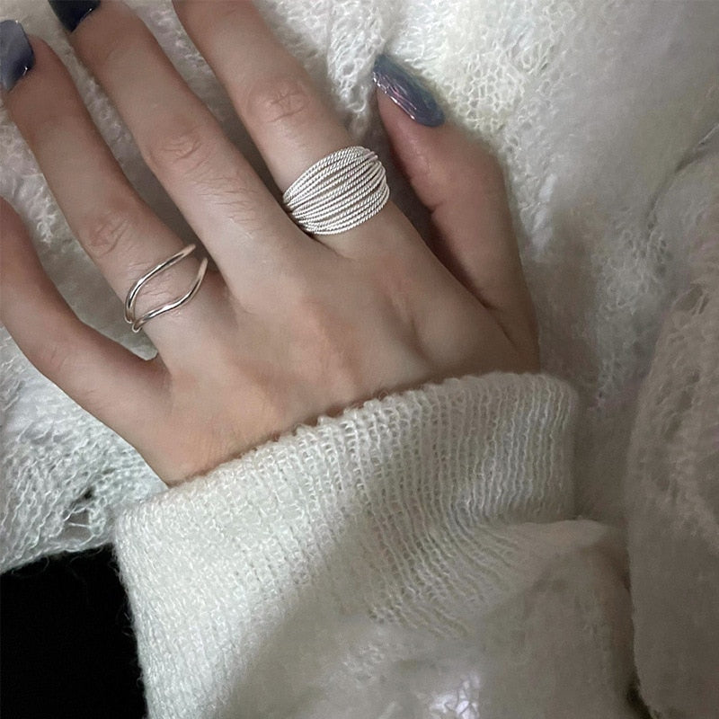 Sterling Silver Unique Lines Ring For Women Jewelry Finger Adjustable Open Vintage Ring For Party Birthday Gift