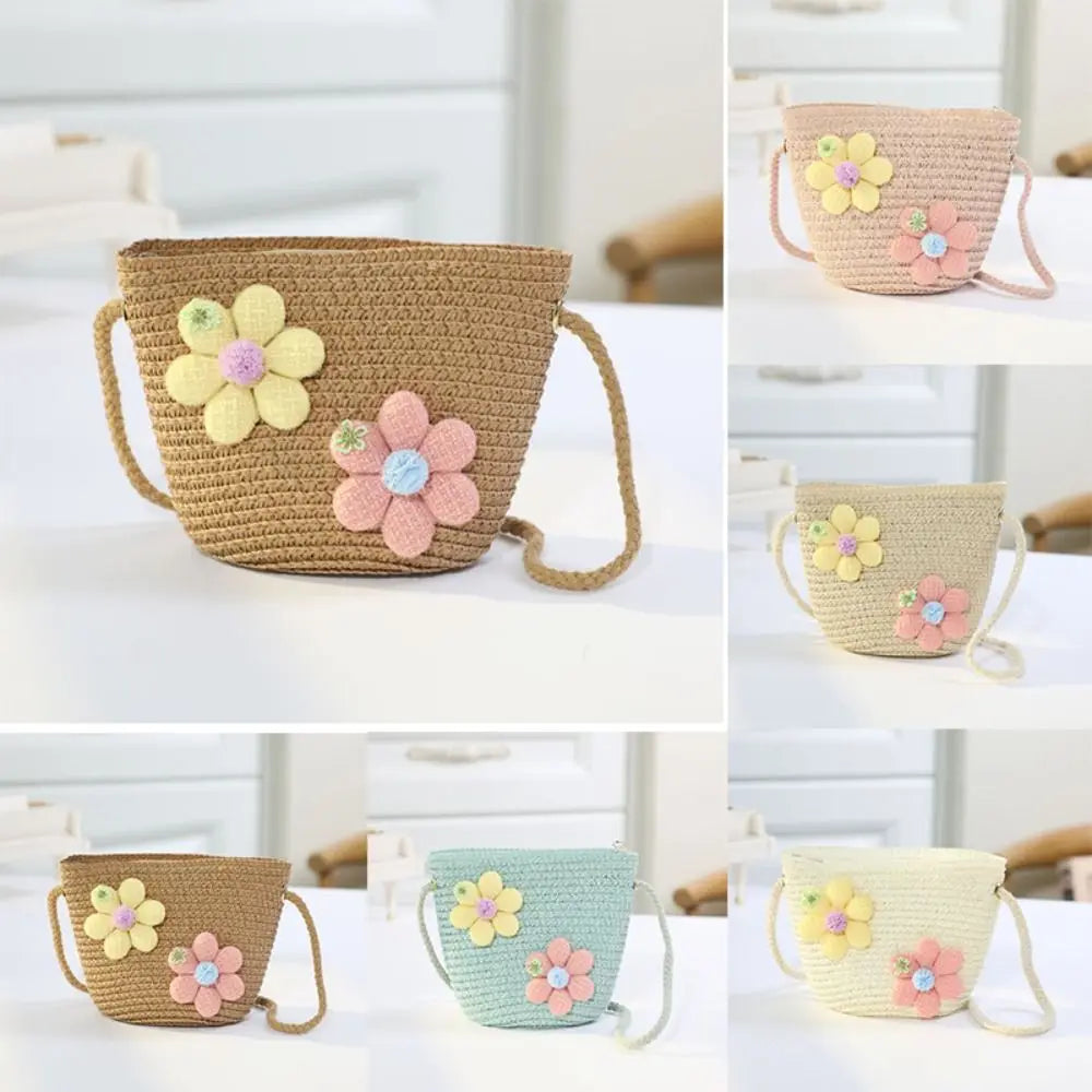 Girl Zipper Flower Straw Bag Cute Photo Props Handmade Woven Kid Messenger Bags Storage Basket Coin Purse Crossbody Handbag