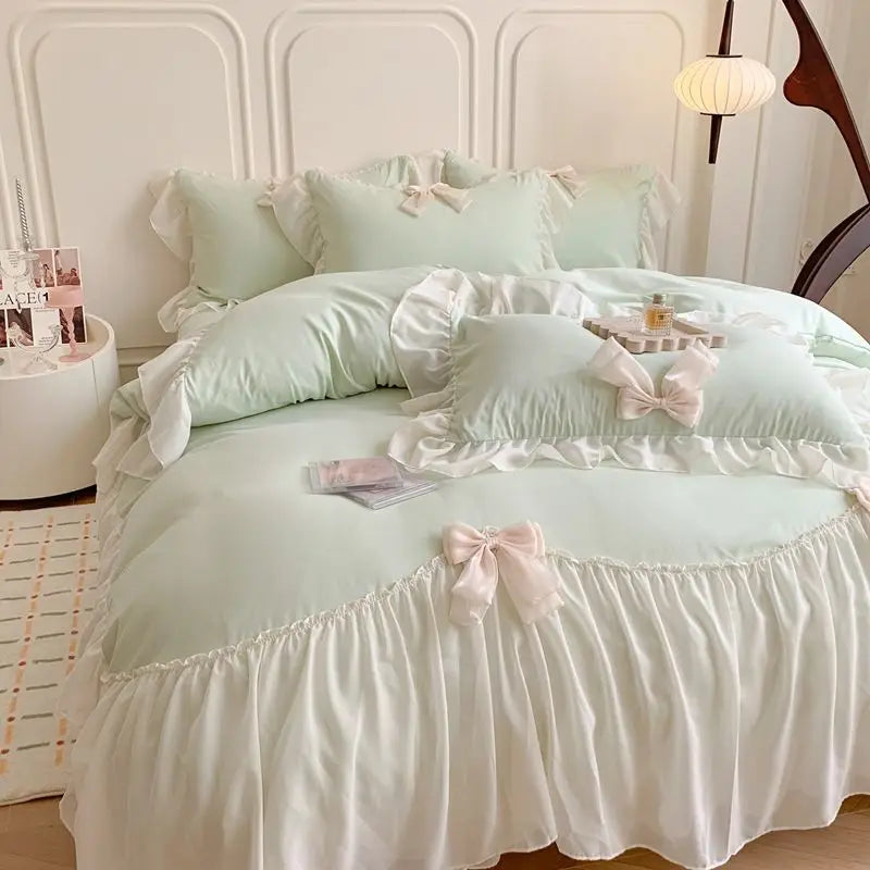 French Princess Style Bedding Sets Ruffle Lace Bow Quilt Cover Romantic Bedclothes Decor Woman Girls Bedroom Duvet Cover 4pcs