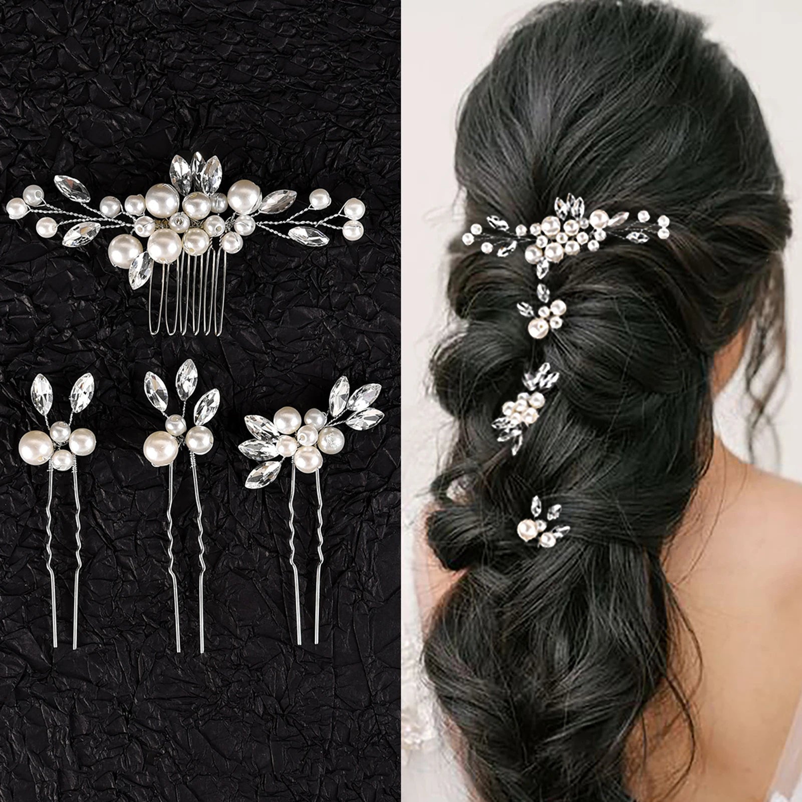 Pearl Flower Hairpin Side Comb Sets Wedding Hair Accessories Leaf Shaped Tiaras Bride Insert Hair Clip Jewelry Fashion Headwear