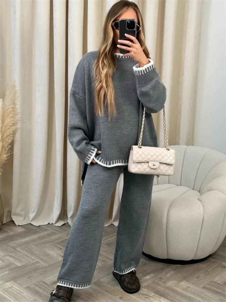 Casual Knitwear 2 Piece-Set Straight Legg Trousers Ladies Contrast Sweater Long Sleeve Pullover Outfits Women's Pants Sets