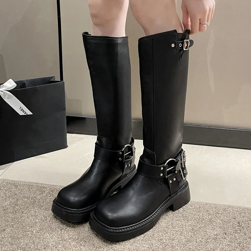 Vintage Buckle Cowgirl Western Boots Women Suqare Toe Platform Knee High Boots Woman PU Leather Middle Heels Long Botas De Mujer