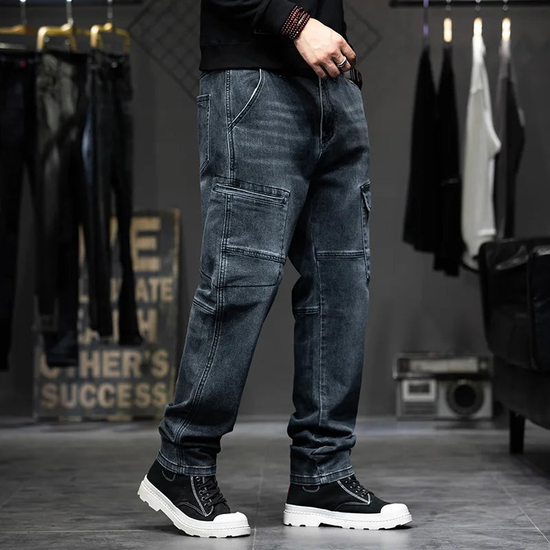 Multi-Pocket Baggy Jeans Mens Streetwear Cargo Denim Pants Straight Jean Trousers Plus Size 40 42 44