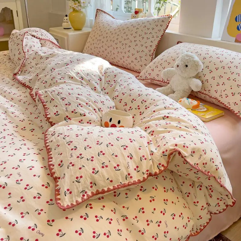 Bedding Set INS Girls Cherry  Soft Washed Cotton Bed Sheet Queen King Size Duvet Set  Comforter Set Pillowcase Bed Linens