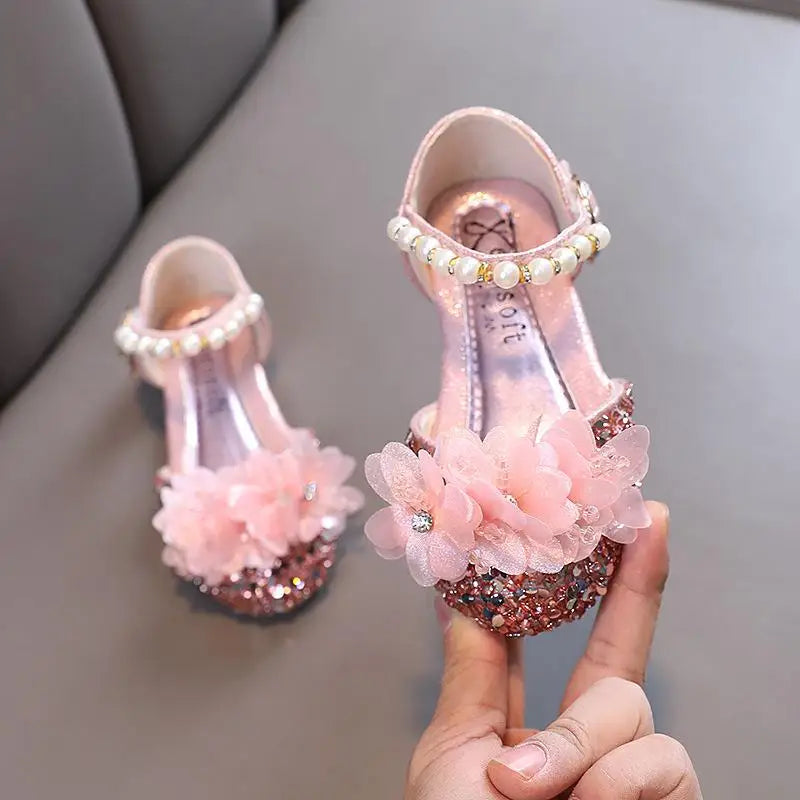 Fashion Children's Sandals 2024 Spring Summer Shining Flowers Sweet Girl Princess Shoes Dance Performance Kids Sandals J191