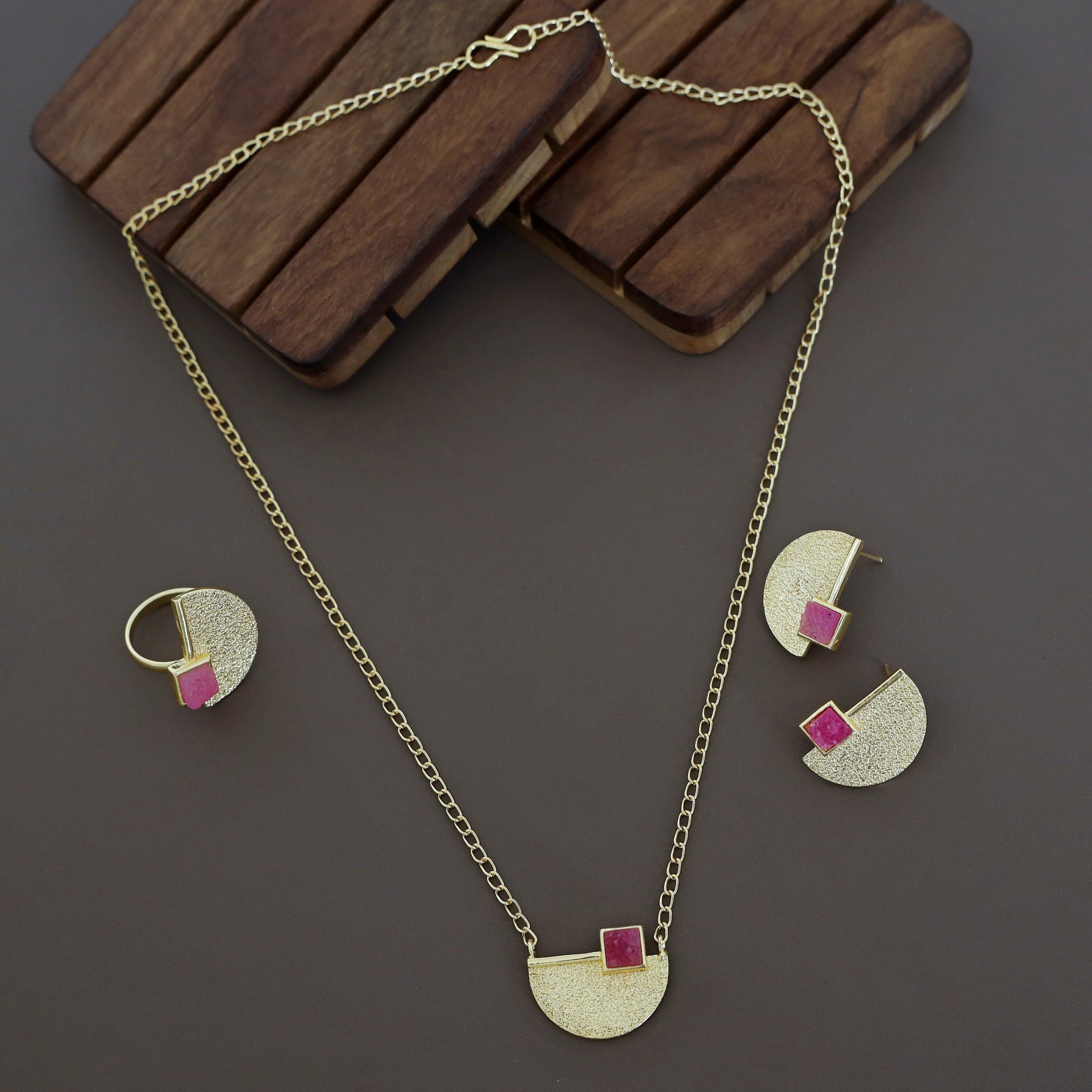 Golden Textured Semi Circle And Square Druzy Stone Combo