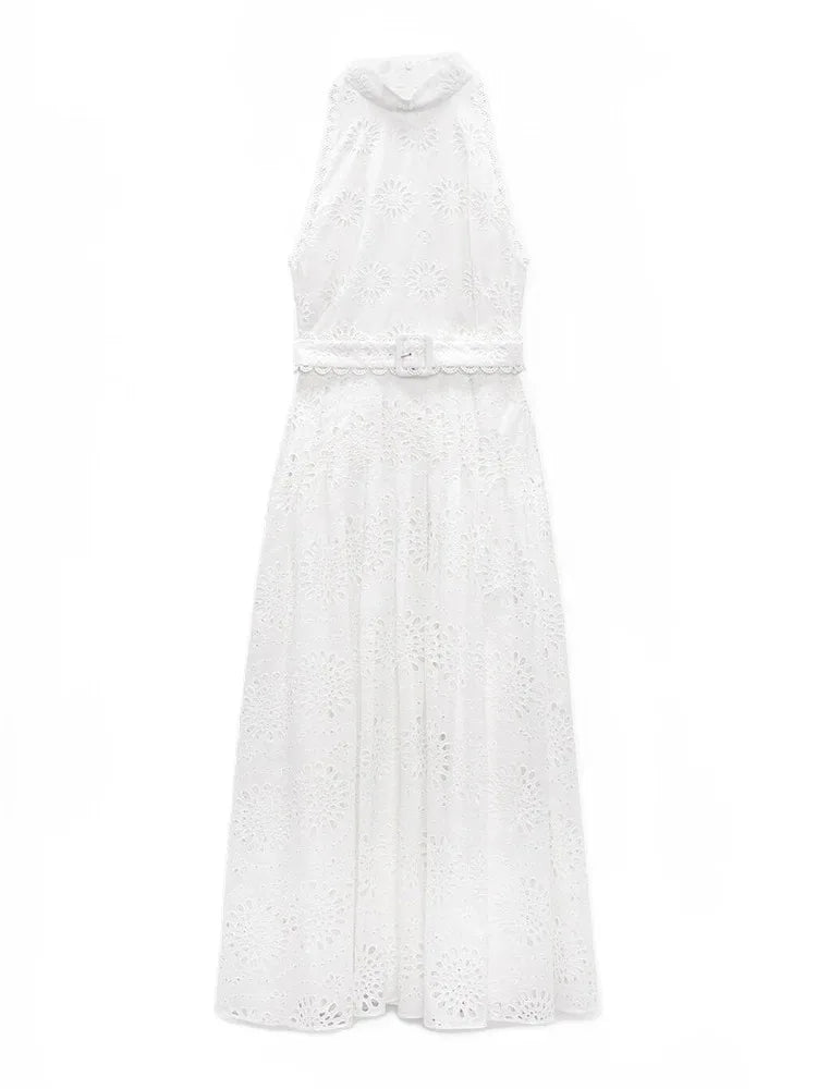 Women's Waisted Hollow Up Mirror Dress Embroidery Beach Style Long Dress Tide High Neck Street Rustic Sweet White Dresses