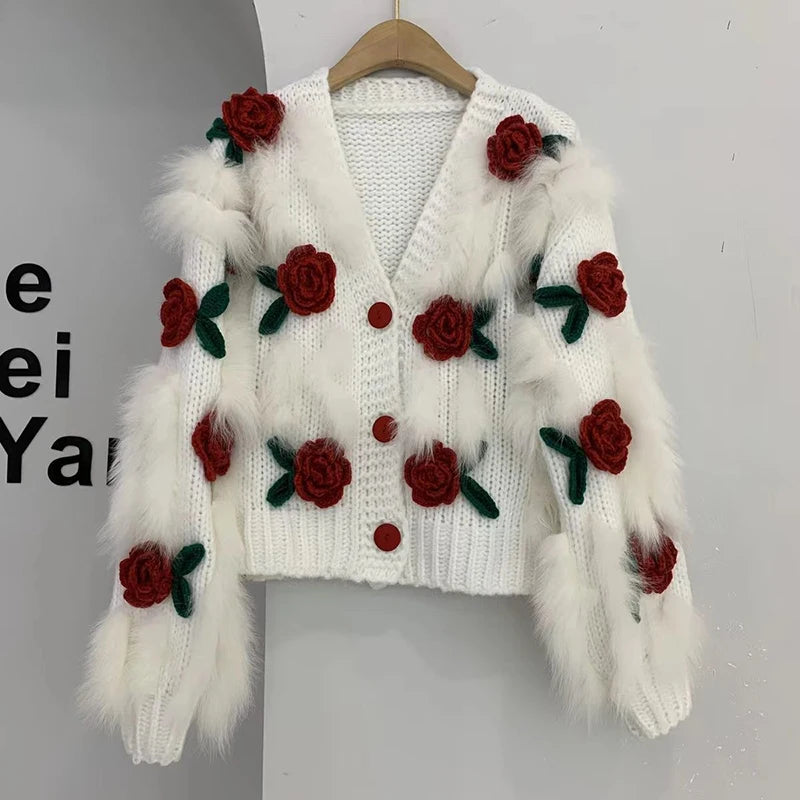 Harajuku Cropped Knitted Cardigan Women Y2K 3D Flower Sweater Coat Streetwear Oversized Knitwear Jacket Winter Jumpers Outwear