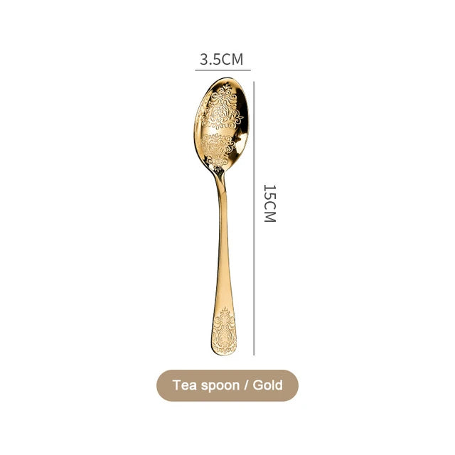 &Gold Luxury Cutlery Sets Fork Spoons Knife Silverware Kit Vintage Carved Tableware Set European Dinnerware For Home Kitchen