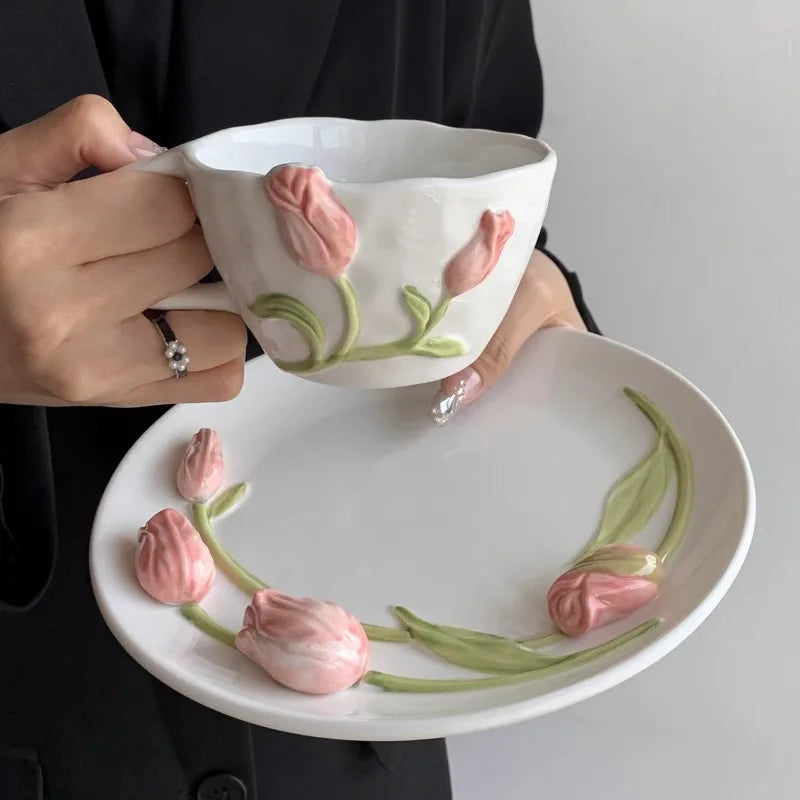 European Relief Ceramic Tulip Cup Afternoon Tea Dessert Pastry Tea Cup Painted Flowers Coffee Mug Couple's Water Cup Café Teapot
