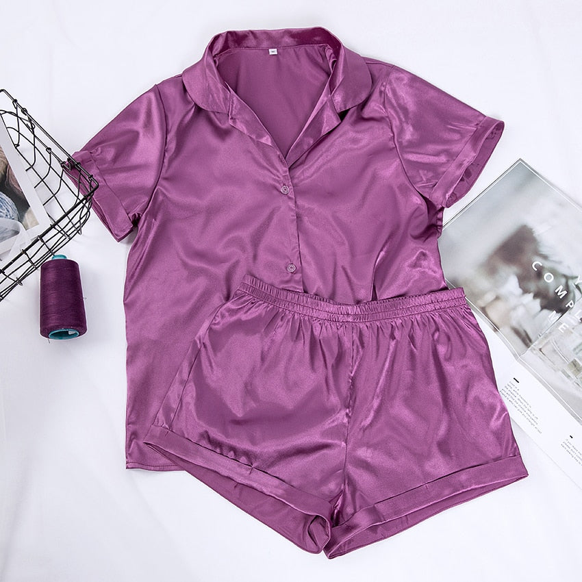 Solid Satin Sleepwear Silk Pajamas Set Top And Shorts Two Piece Set Pyjamas Women Pajama Short Sleeve Home Suit Casual