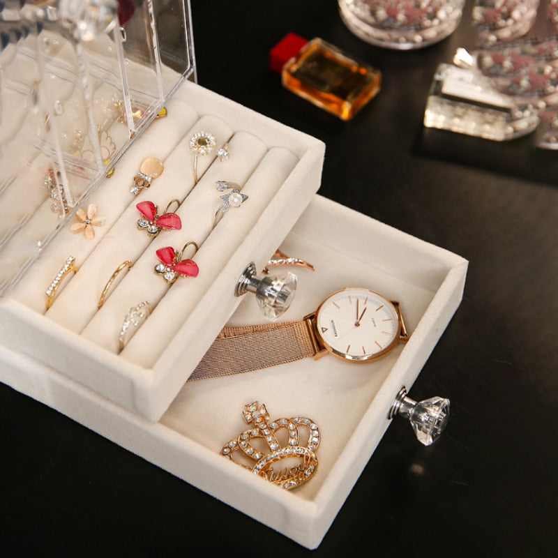 Portable Earrings Ring Display Stand Shelf Dustproof Acrylic Jewelry Storage Box Drawer Women Necklace Bracelet Organizer Case