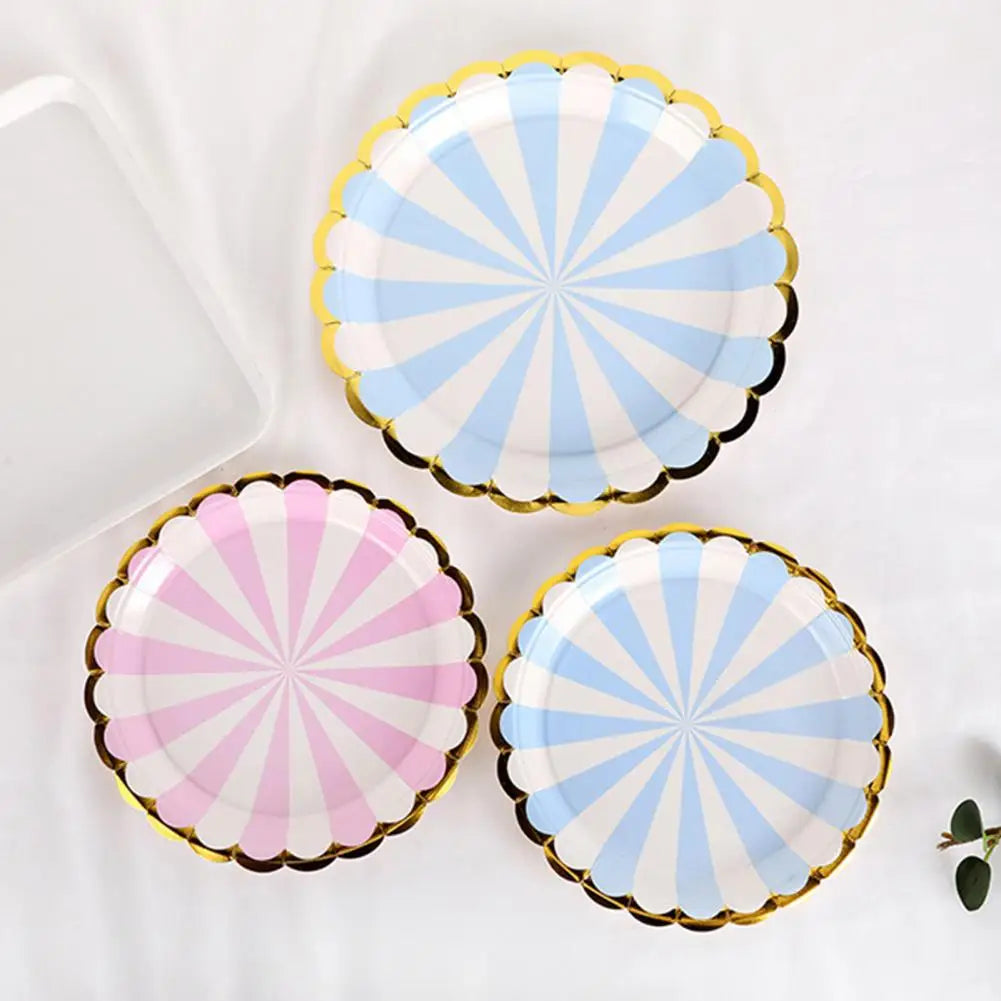 10Pcs 7/9 Inch Paper Plates Anti-skid Thick Gilding Stripe Paper Dishes Round Cake Dessert Snack Tray Favors Supplies for Party