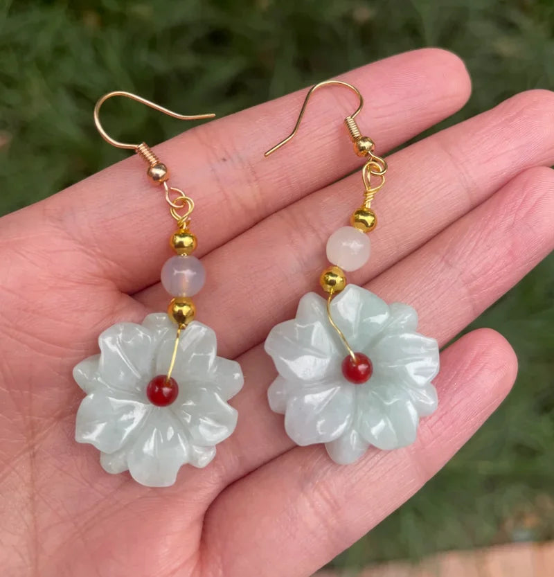 Natural Jade Emerald Luck Flower Earrings Bead Charm Jewellery Fashion Accessories Hand-Carved Man Woman Amulet Gifts