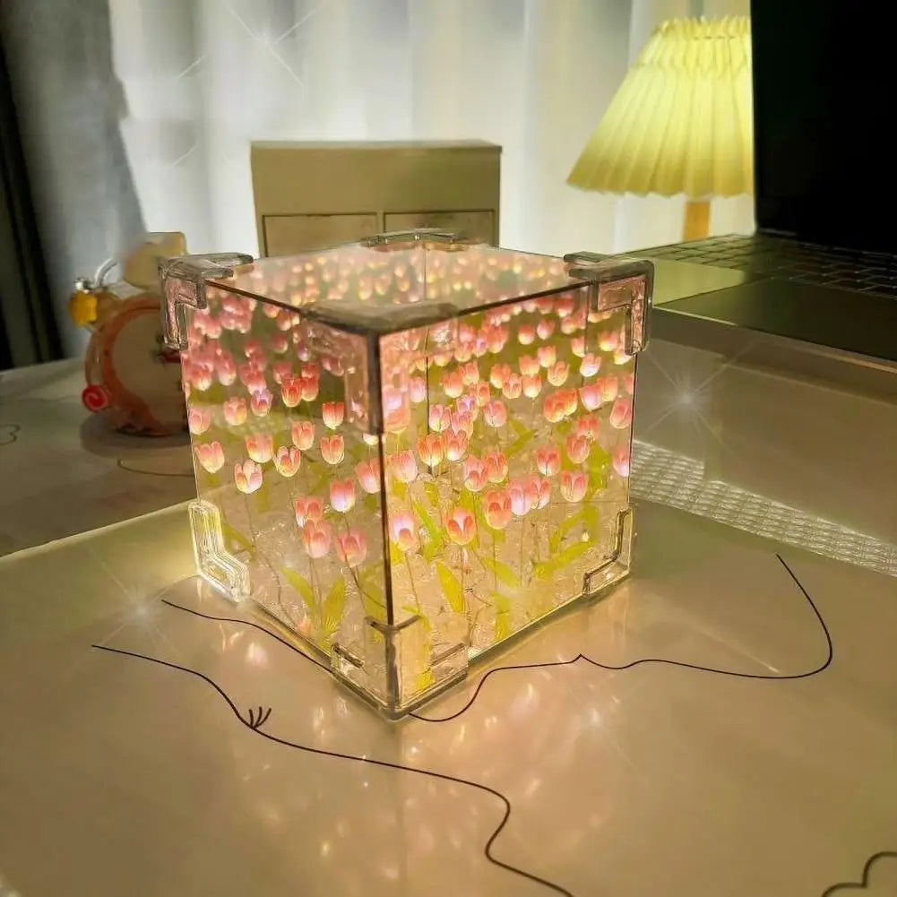 Diy Lamp Tulip Infinity Mirror Lamp Handmade Tulip Night Light Mirror Lamp Battery Powered Flower Table Ornament Diy Desktop