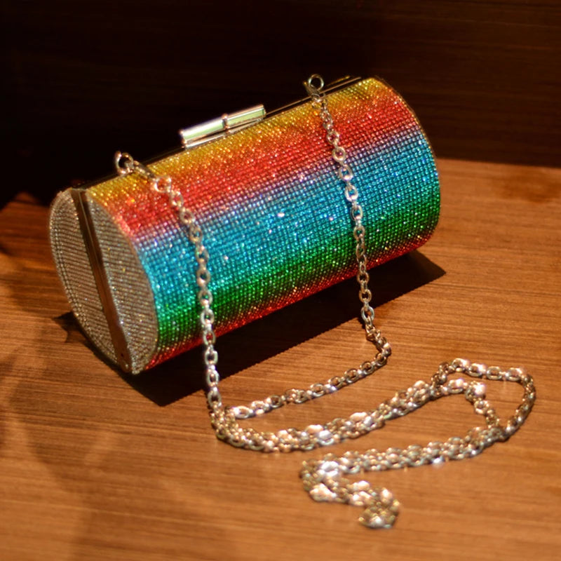 Rainbow Rhinestone Purse Evening Bags for Women Luxury Party Handbag for Wedding Clutch Bag Diamond Cylinder Shoulder Bag