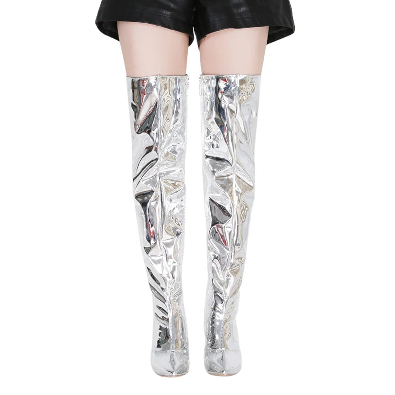 Sexy Silver Mirror Thigh High Boots Women T Show Pointy Toe Club Party Shoes Thin High Heels Over The Knee Long Boots For Women