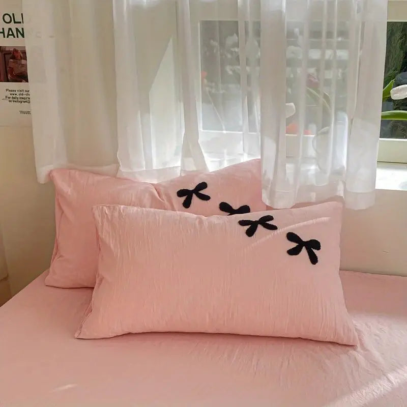 Princess Bowknot Bedding Set Pink Duvet Cover Bed Flat Sheet Girls Solid Color Bed Linens Washed Cotton Bedclothes Single Double