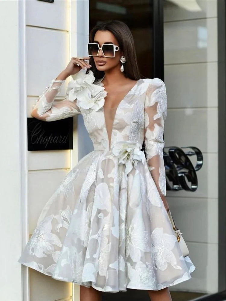 Deep V-Neckline Wedding Dresses 3D Flowers Full Long Sleeve A Line Short Mini Skirt Bridal Gown  Robe