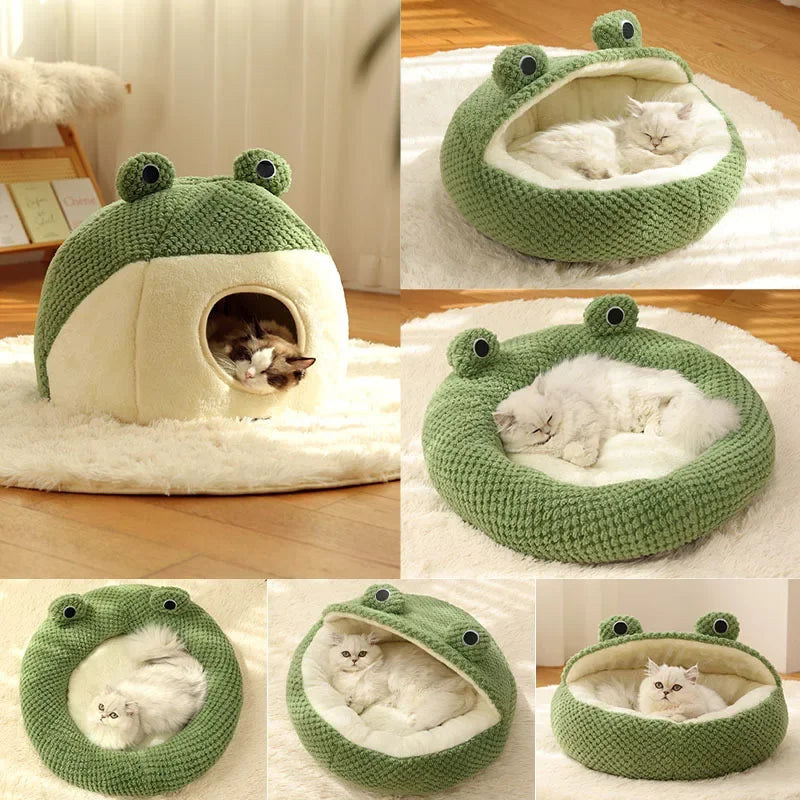 Plush Warm Green Cat Dog Beds Nesting Basket Frog Shape Cartoon Cat Kennel Beds Pet Accessories