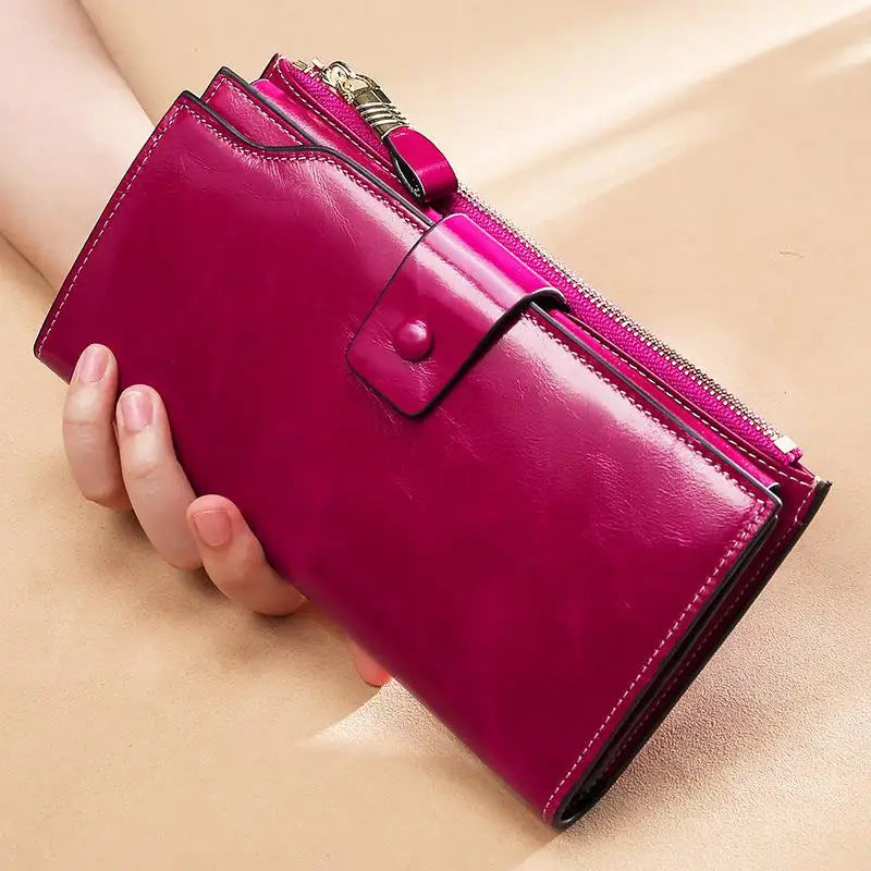 Blocking Genuine Leather Women Wallet Long Lady Leather Purse Brand Design Luxury Oil Wax Leather Female Wallet Coin Purse