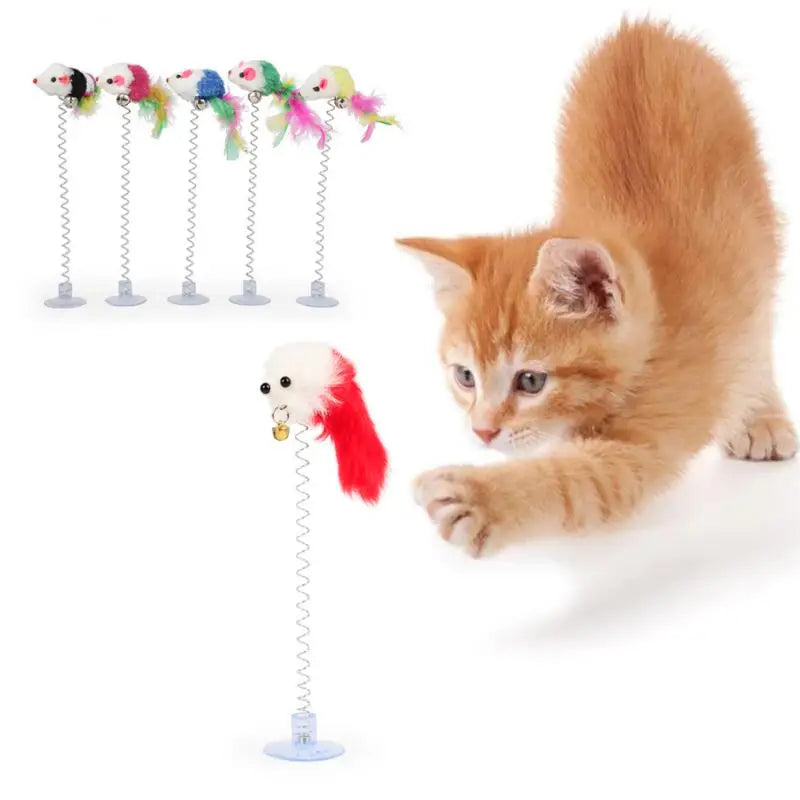 1PC Spring Pet Toy Funny Interactive Suction Spring Cat Toy Elastic Mouse And Feather Bottom Sucker Pet Cat Toy Pet Supplies