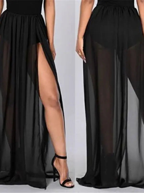 Women High Waist Mesh Skirts Empire See Through Sheer Side Split Skirt Solid Transparent Chiffon Maxi Long Skirt Summer 2018