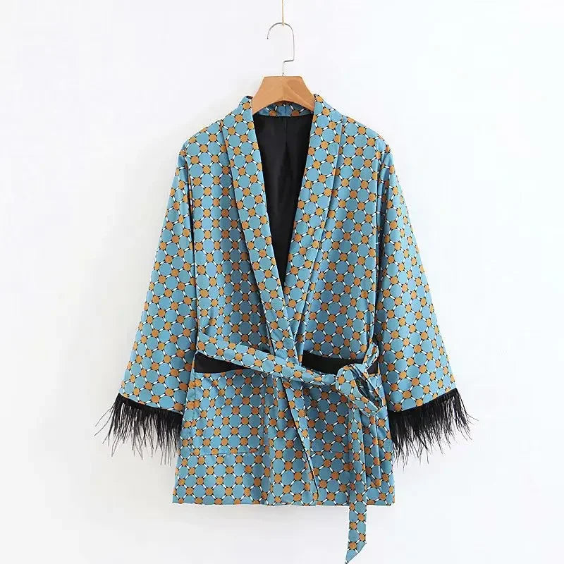 Women's Suits Spring LOOSE Blue Printed Kimono Jacket with Feather Sleeves Wide Leg Pants Two-piece Viintage Clothing Suits