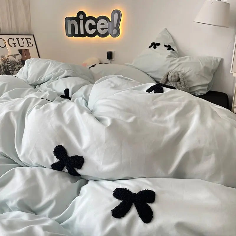 Bedding Set 2024 New Ins Style  Minimalist Blue Washing Cotton black bow towel Embroidered Four PIECE Set, 1.5 Bed Sheets