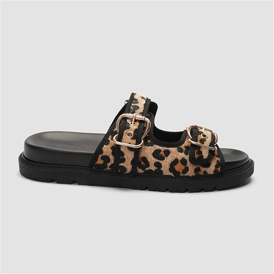 2024 New Leopard Print Women Slippers Summer Horsehair Thick Sole Sandals Metal Buckles Ladies Outdoor Beach Slides Big Size 43