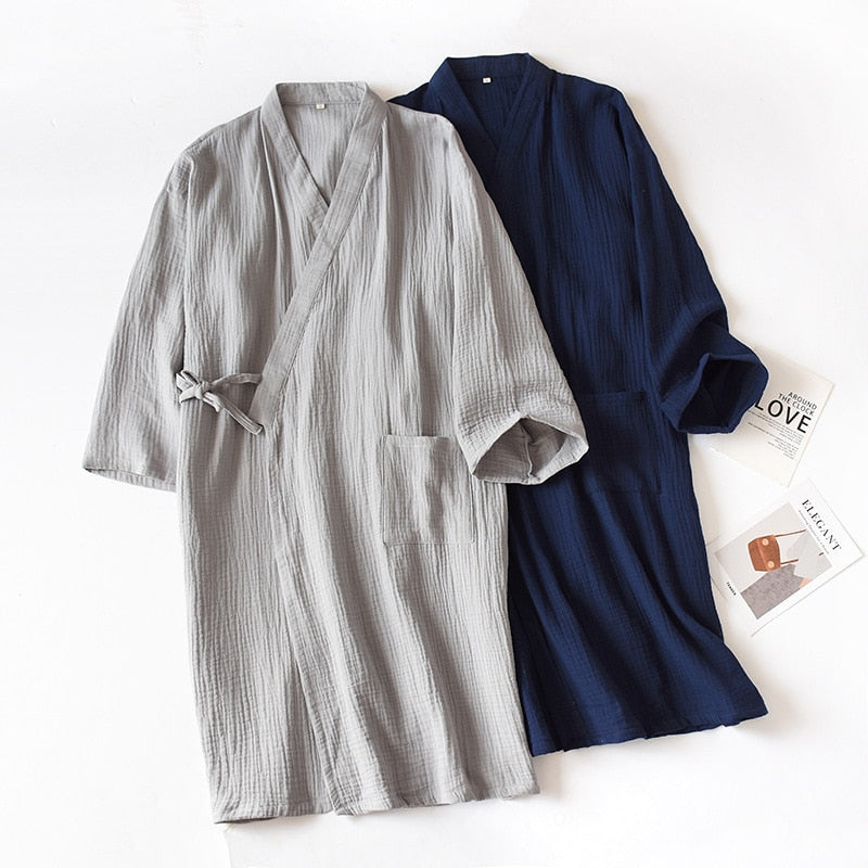 spring and summer new 100% cotton crepe ladies thin nightgown men bathrobe robe home service pajamas