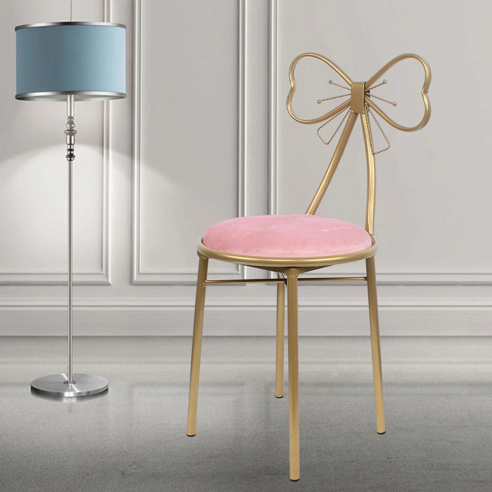 Luxury Minimalist Makeup Vanity Stool Butterfly Backrest Chair w/Velvet Cushion for Bedroom Dining Room Deep Pink/Light Pink