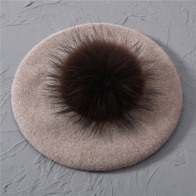 Jaxmonoy Winter Female Beret Women Hat Big Real Raccoon Fur Pompom Beret Wool Cashmere Natural Fur Ball Fashion Beret Cap Female