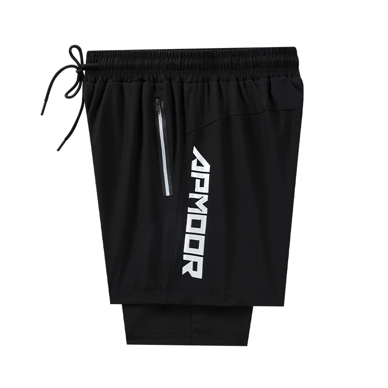 Men New 2 in 1 Swimming Pants Beach Sweatpants Running Shorts with Zip Pocket Basketball Training Breechcloth Quick Dry Fitness