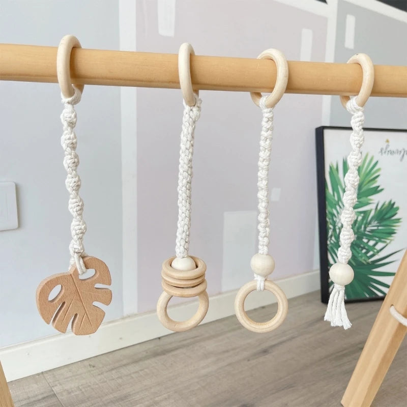 1Set Wooden Baby Play Gym Frame Pendants Cotton Thread Newborn Fitness Rack Hanging Toy Stroller Activity Rattle Baby Room Decor