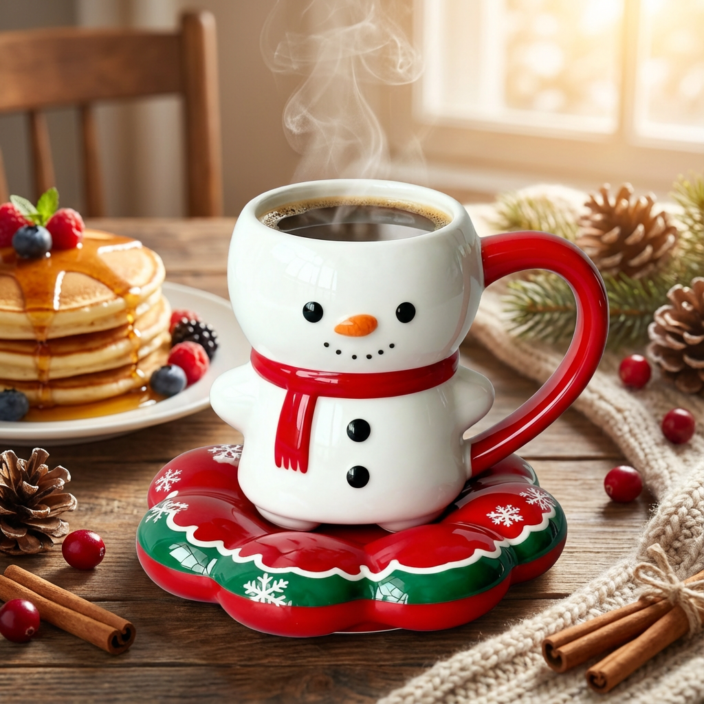 Snowman Holiday Ceramic Mug with Saucer