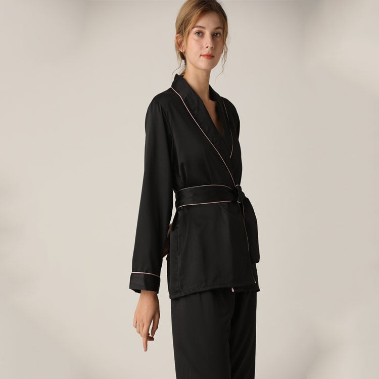 Silk Long Sleeve Trousers Lapel High Archives Pajamas With Belt Solid Color Nightwear