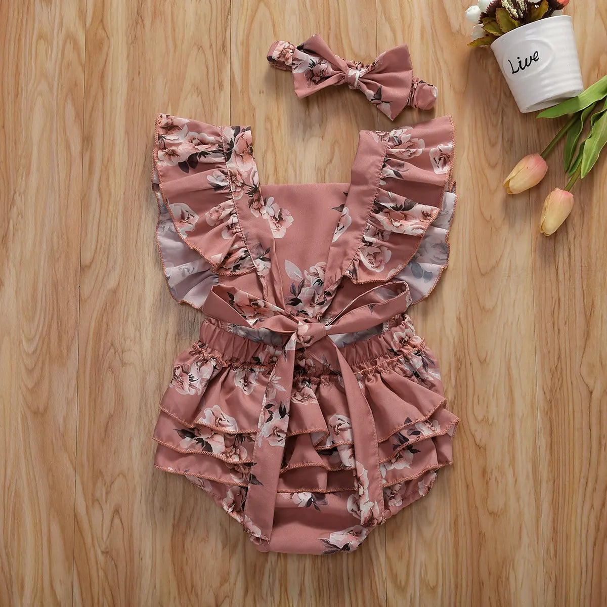 2020 Baby Summer Clothing Infant Newborn Baby Girl Floral Romper Sleeveless Ruffled Jumpsuits With Headband