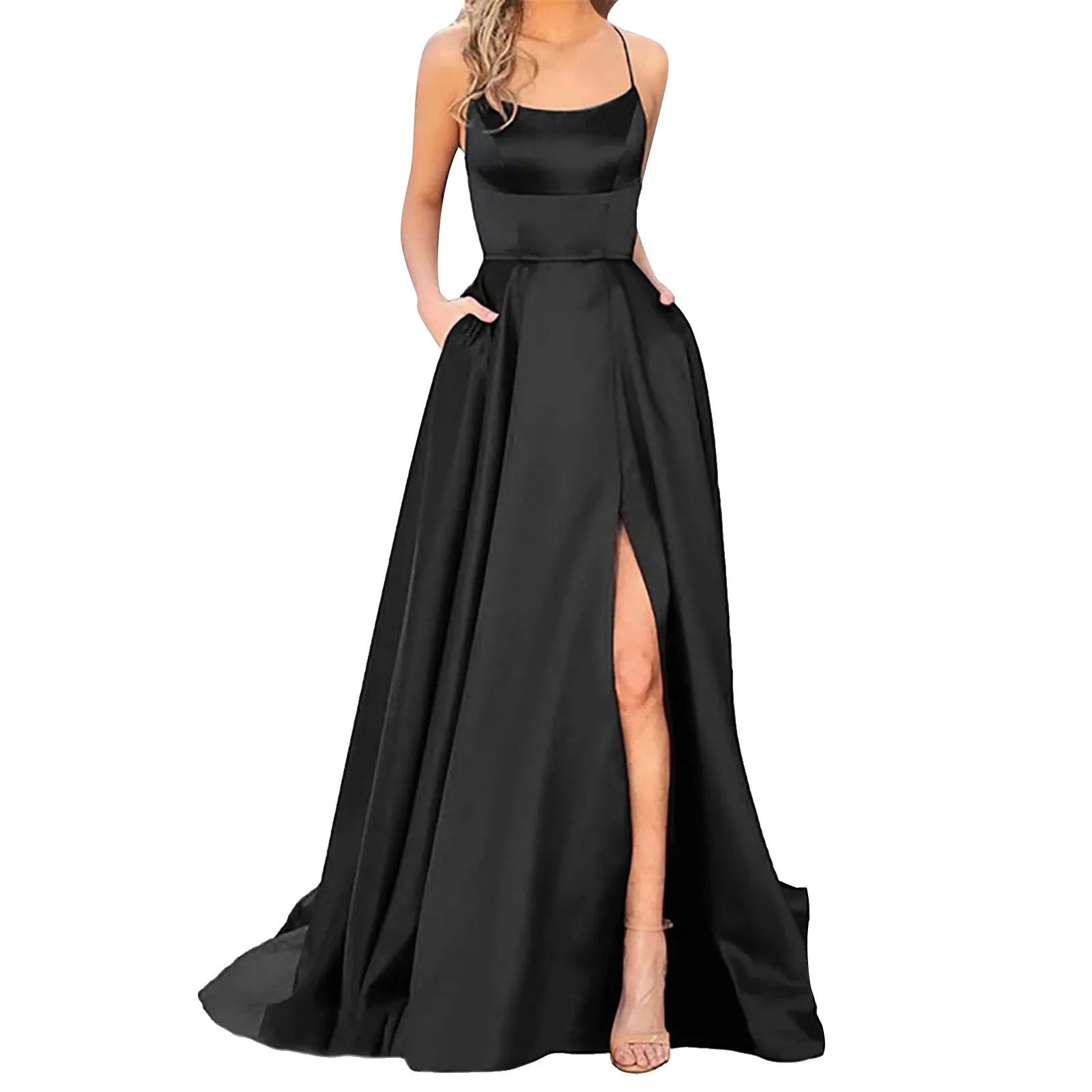 Prom Dresses Ladies Long Women Elegant Halter Backless Long DressesCrisn Satin Spaghetti Party Prom Dress Side Slit Wedding