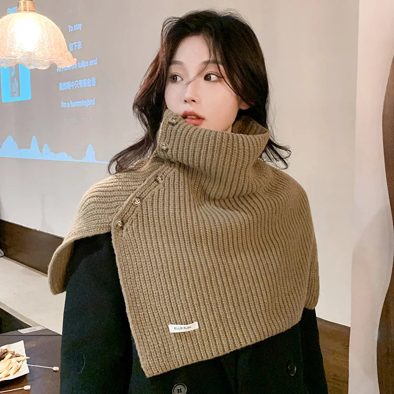 Poncho Cloak Button Split High Necked Shawl Women's Autumn Winter Korean Version Versatile Pullover Knitted Cape Gray