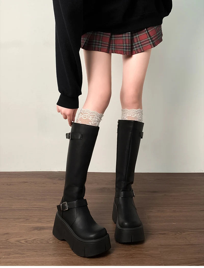 Platform Wedges Heel Women Knee High Boots Fashion Belt Buckle Slip On Long Booties Autumn Winter Female Shoes