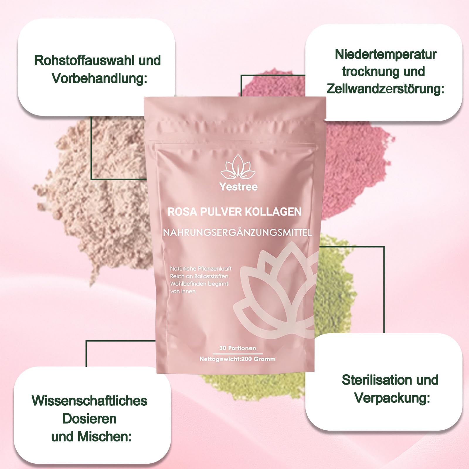 VITAFANT GREEN HELFERS 2Pack Rosa Pulver Kollagen, Natürliche Pulverformel, veganes Pflanzenpulver Mit Bambussprossen, Baobab, Himbeere, Acerola, Kollagen+Hyaluron 200g