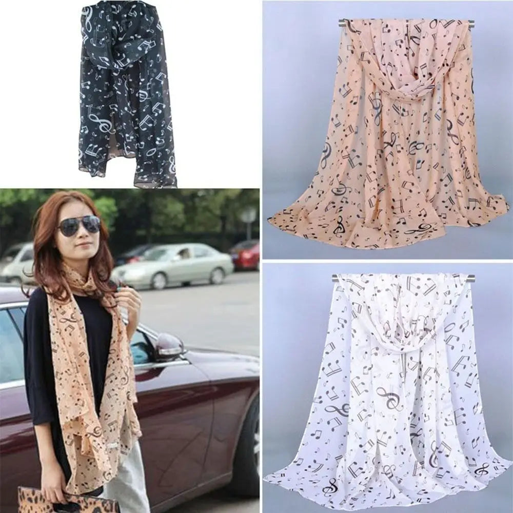 Fashion Trendy Ladies Gift Accessory Treble Clef Printed Sheet Muffler Shawl Music Note Printed Scarf Chiffon Silk Scarf