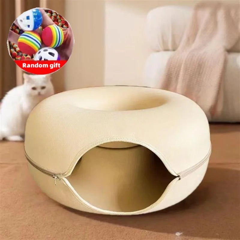 Cute Cartoon Shaped Interactive Toy for Cats House Felt Tunnel Cave Beds Removable Donut with Zipper Nest Basket Kitten Supplies