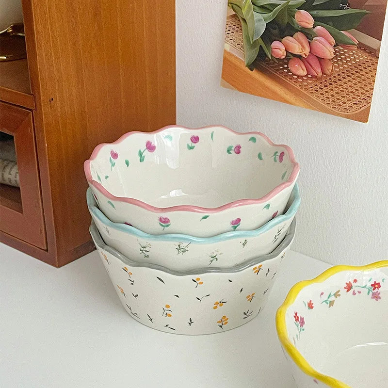 Fresh Pastoral Small Broken Flower Ceramic Bowl Ins Vintage Lace Salad Fruit Thickened Lovely Soup Rice Bowl Complimentary Spoon