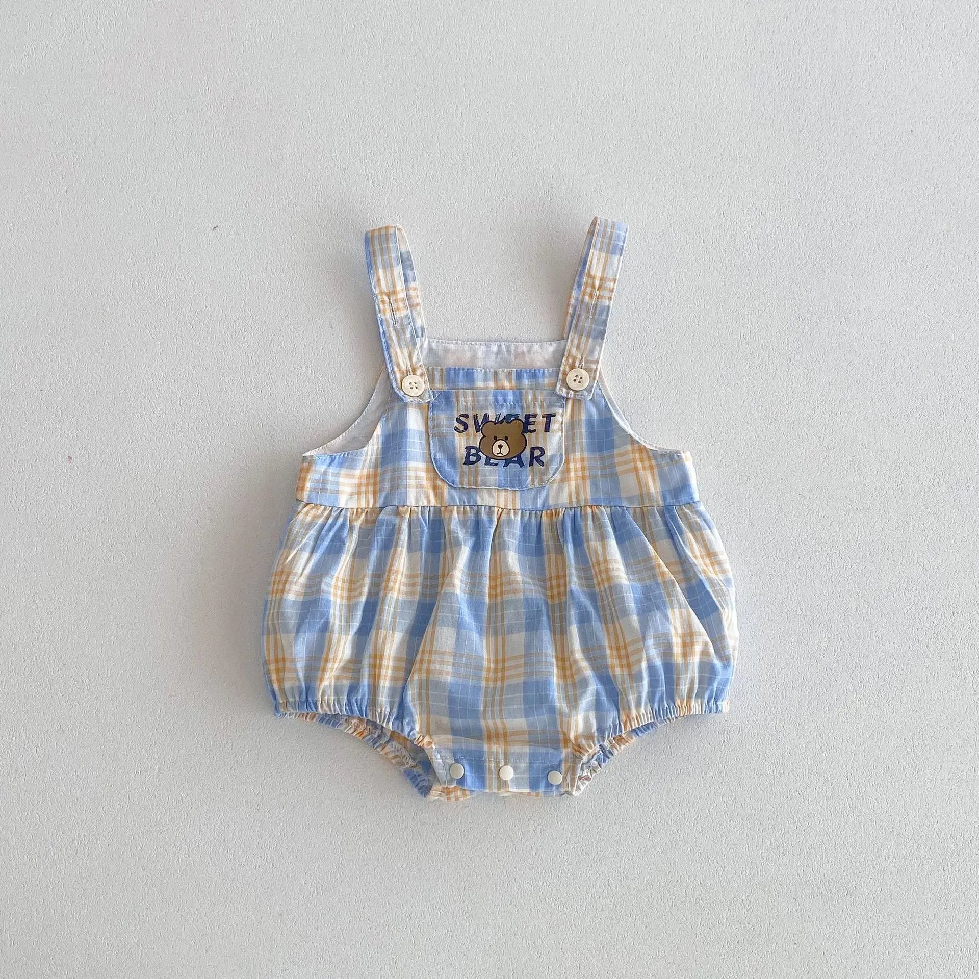 Cute Plaid Embroidery Bear Infant Short Sleeve Outfit